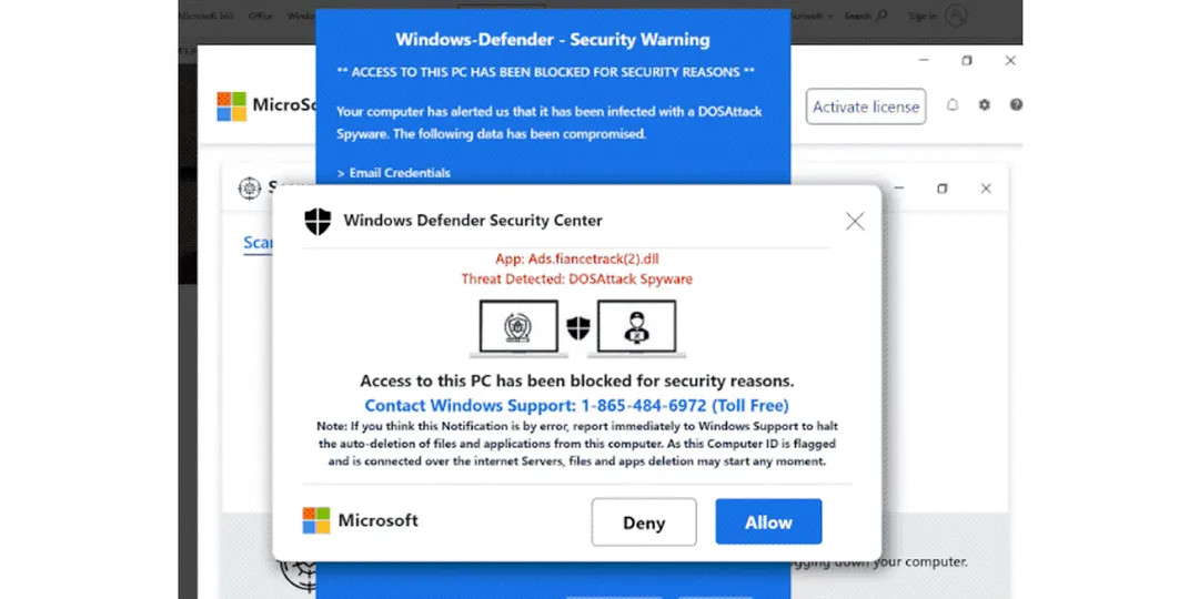 A fake Windows Defender Security Center warning window showing blocked access due to DOS attack spyware, with Deny and Allow buttons.